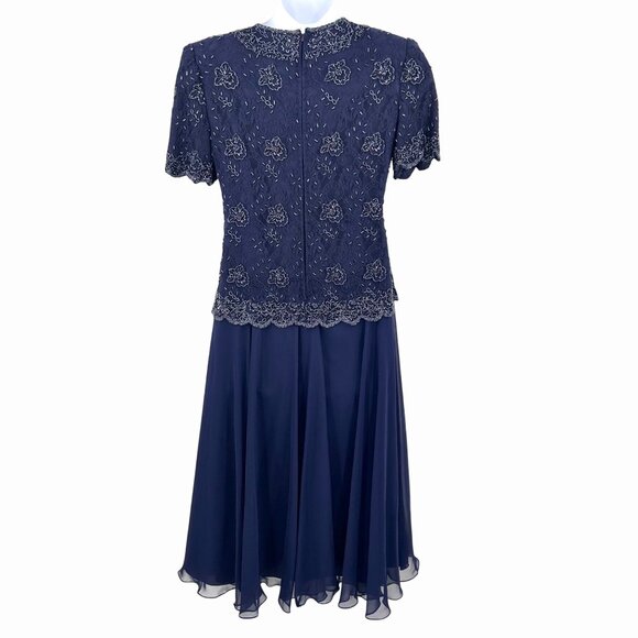 STUNNING NAVY BLUE BEADED LACE & CHIFFON TEA LENGTH FORMAL SHORT SLV DRESS - Picture 3 of 7